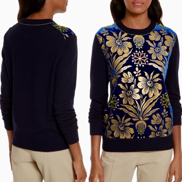 Tory Burch Hollis Cosmic Floral Velvet Foiled Gold Metallic Sweater Navy Blue S - Picture 12 of 12